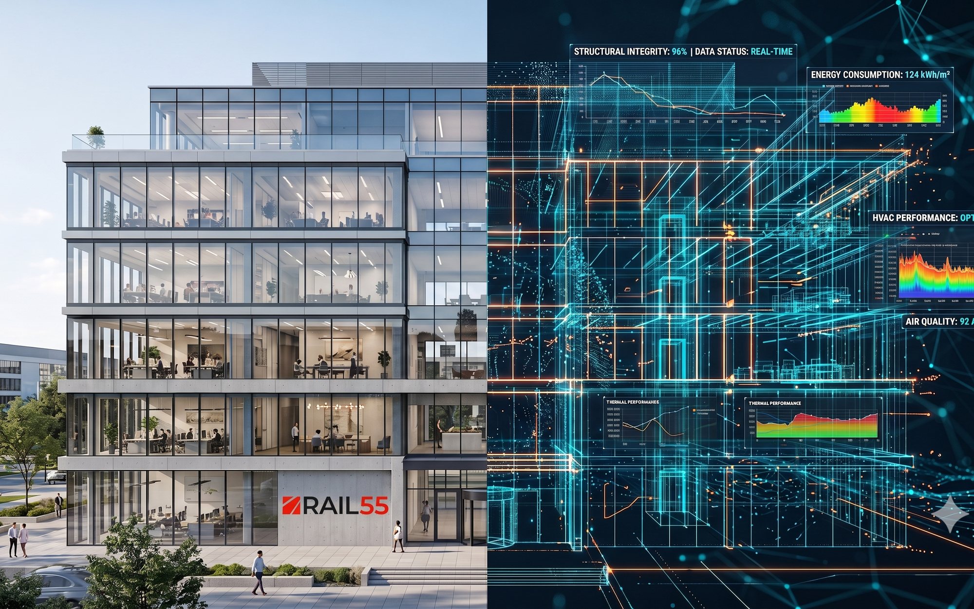 RAIL55 building facade dissolving into its Cognitive Twin data model
